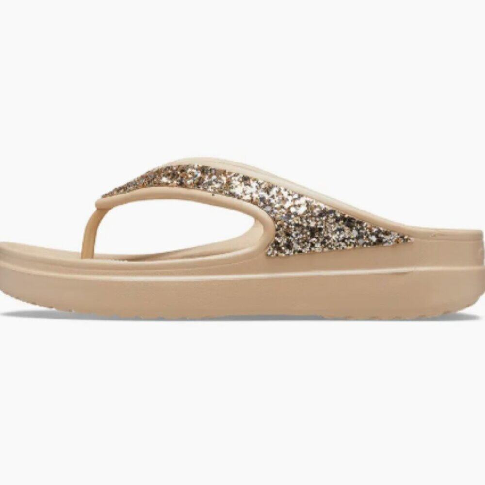 NWT Crocs Women Sloane Glitter Flip Flops Tan/Gold Shimmer comfy platform size 9 - Picture 4 of 14